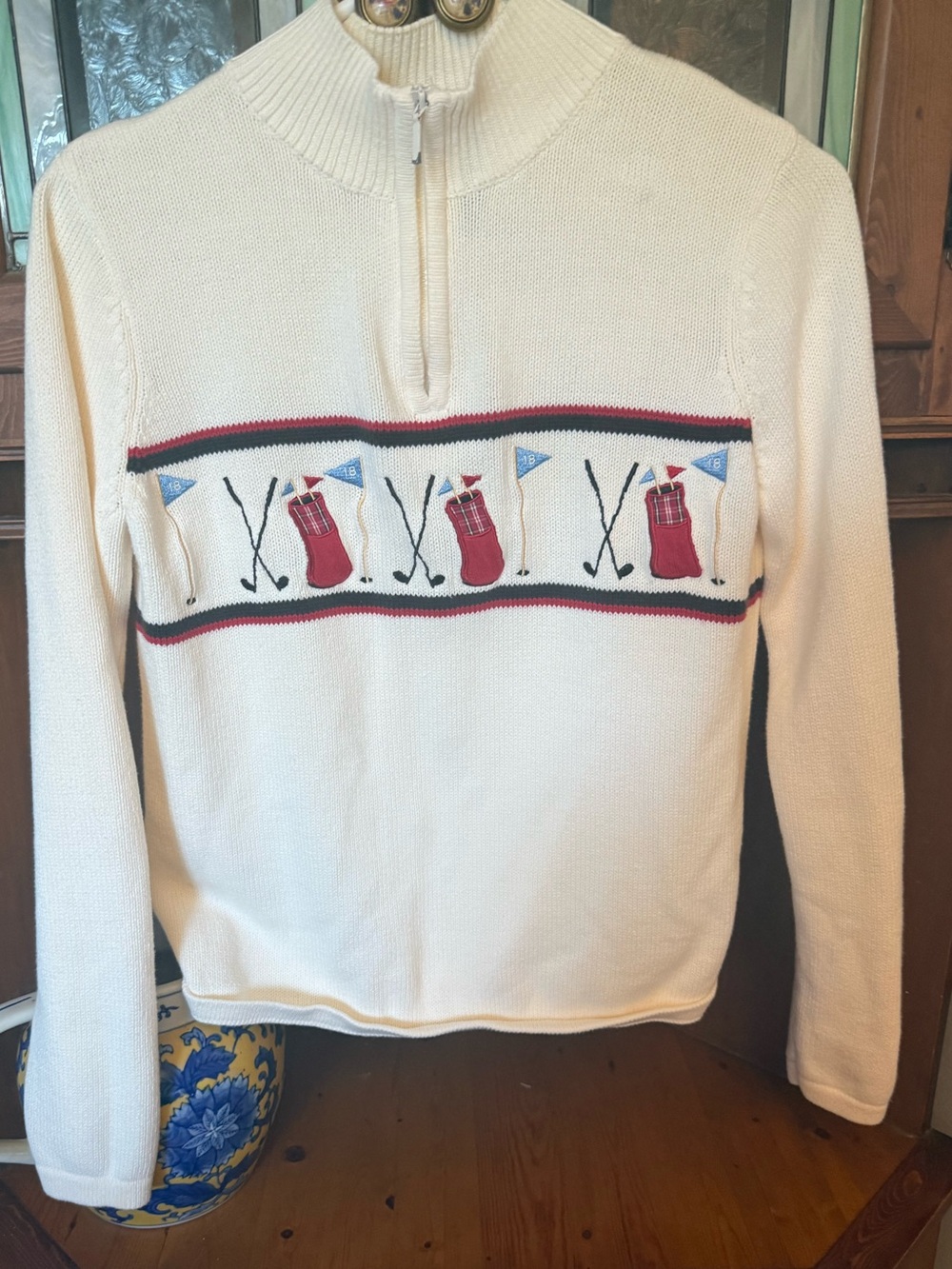 Charter Club vintage cotton dark academia Cream Golf Motif Half-Zip Sweater S